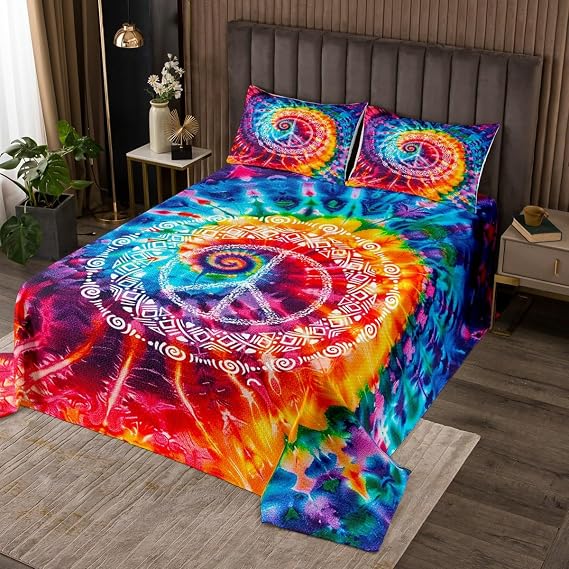 Tie-dye Bedspread Set Queen Size for Kids,Boys Girls Colorful Art Quilt Set Peace Sign Bedspread Coverlet Hippie Boho Pattern Bedspread 3 Piece Decorative Bedding Quilted with 2 Pillow Shams