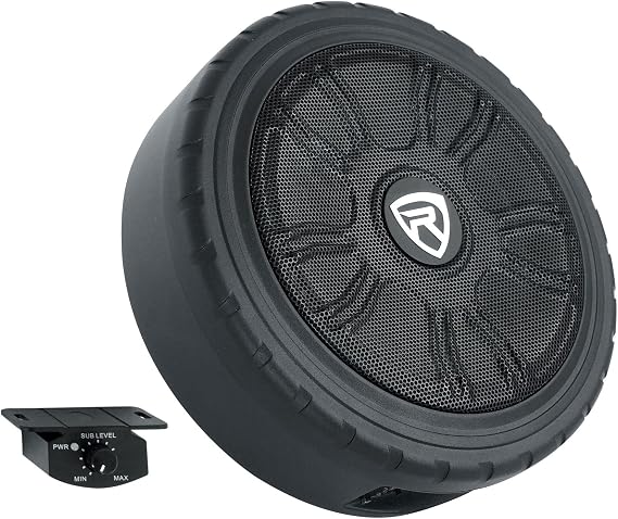 Rockville Wheel of BASS 8 Inch Slim Under-Seat Powered Truck/Car Subwoofer | 500W Peak, 125W RMS, Cast Aluminum, Metal Bass Knob, Auto Turn-On, High/Low Level Inputs, MOSFET