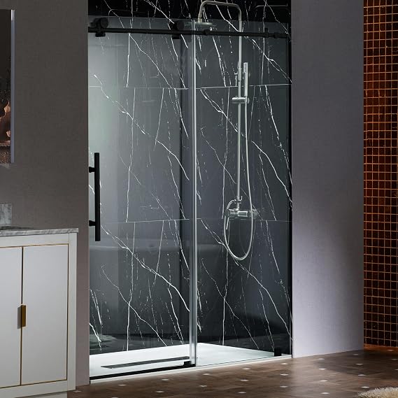Woodbridge Frameless Sliding Shower Doors with Soft Close System, 57.5-60" Width x 76" Height with 3/8"(10mm) Clear Tempered Glass in Matte Black Finish, BSDC6076-BL