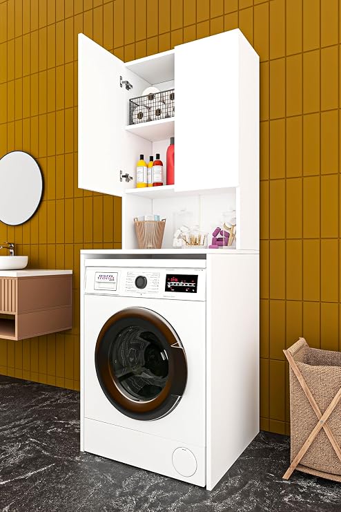 ASRA TREND Beyaz BD-01 Çamaşır Makinesi Üstü Banyo Dolabı 2 Kapaklı Açık Raflı 65x190 cm%100 MDFLAM