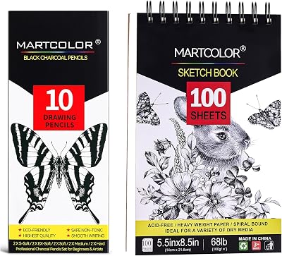 Charcoal Pencils for Drawing, 10 Pieces S-Soft, Ex-Soft, Soft, Medium, Hard Charcoal Pencils and 5.5X8.5 Premium Sketch Book Set, 1 Pack, 100 Sheets68 lb100gsm Sketchbook