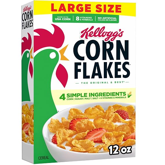 Kellogg's Corn Flakes Cold Breakfast Cereal, 8 Vitamins and Minerals, Fat Free, Large Size, Original, 12oz Box (1 Box)