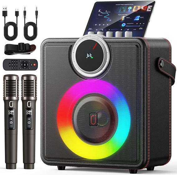JYX Karaoke Machine with 2 Wireless Microphones, Bluetooth Party Speaker | Powerful Bass & Clear Vocals for Karaoke, 24H Portable Entertainment, Rhythm-Synced LED Party Lights, Classic Premium Finish