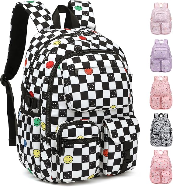 Girls Backpack for School, Teens Large Capacity Cute Lightweight Polyester School Bag Bookbag for Kids - Checkered Smile