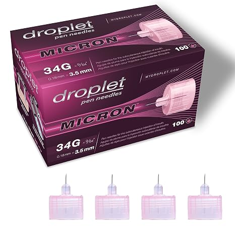 Droplet Micron Pen Needles, 34G 3.5mm, Diabetic Needles for Insulin Injections, 100ct Box, Compatible with Most Pen Injectors