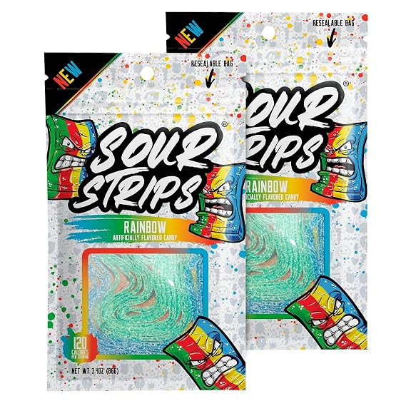 SOUR STRIPS Rainbow Flavored Sour Candy Strips | Deliciously Sour Chewy Candy Belts | Vegetarian Candies, 12 Strips per Pack, 2 Pack, 3.7 ounces