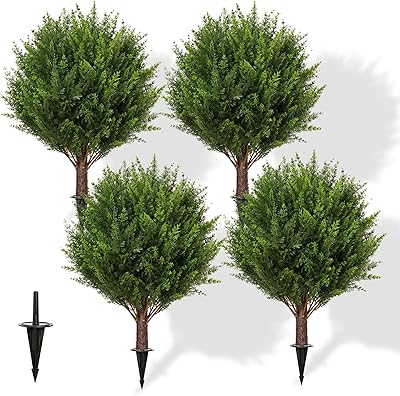 24 Artificial Cedar Topiary Ball Tree Set of 4, UV & Fade Resistant Fake Evergreen Shrubs, Faux Cypress Plants for Indoor Outdoor Front Porch Garden Decor 4PCS
