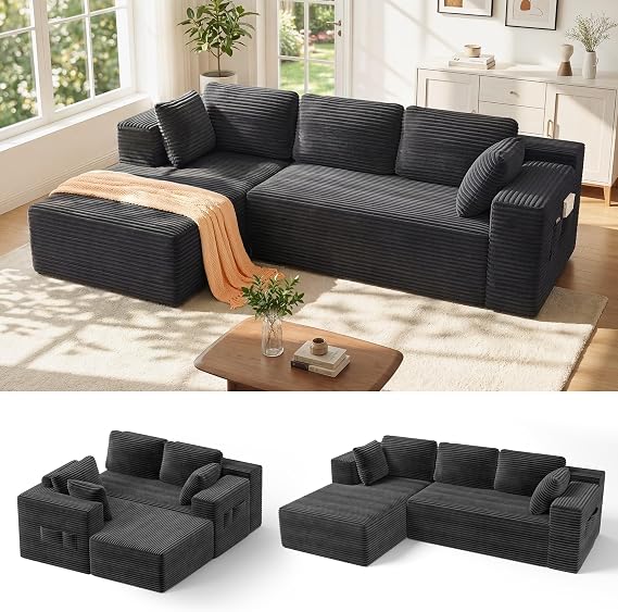 Xbro Boneless Sofa, Soft Corduroy Corner Sofa, No Assembly L Shaped Couch, 250cm Modular Flexible Sectional 3 Seater Sofa for Living Room