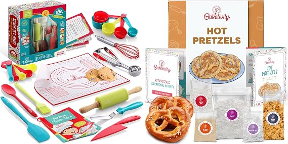 Baketivity Kids Baking Set & Pretzel Making Kit Bundle 31-Piece Real Kitchen Tools with Safe Kids Knife + Pretzel Baking Kit with Pre-Measured Ingredients Fun Cooking Gift for Ages 6-12