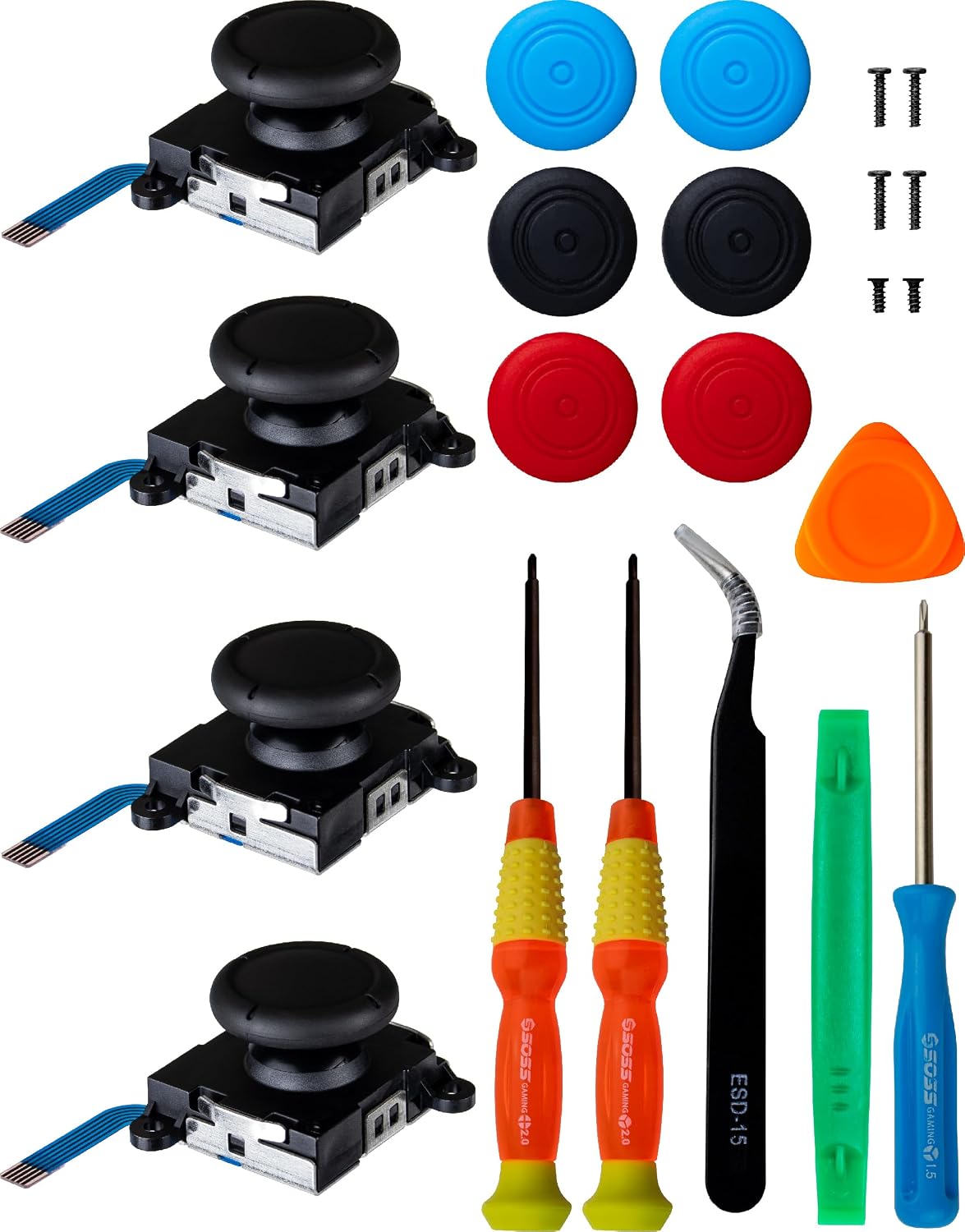 SOSS GAMING® 2023 4-Pack Joystick Thumbstick Replacement Kit for all Nintendo Switch and Switch Lite Controllers - Fix & Repair Your Analog Joy-Con Thumb Stick with all Necessary Tools Included