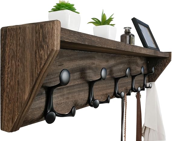 WEBI Wall Shelf with Hooks Underneath,35" Long Wall Mounted Coat Rack with Shelf,Entryway Coat Rack with 5 Triple Hooks for Hanging Coats,Jacket,Hallway,Bedroom,Mudroom,Weathered Brown