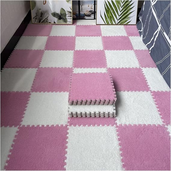 FYYSJW 12 Pcs Interlocking Carpet Tiles, Plush Foam Square Floor Mats Set, Puzzle Floor Mat For Living Room, Bedroom And Hard Floor, 12 Tiles/12 Sq.Ft(Color:Pink+White)