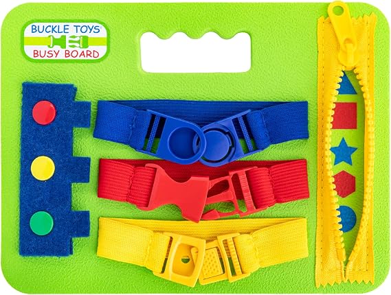 Buckle Toys, Mini Busy Board, Green, Montessori Learning Toy for Toddlers | Great for kids as an Airplane Activity or on The Go, Foam Sensory Board, Develop Fine Motor Skills