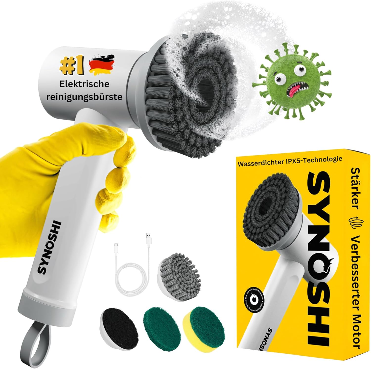 Synoshi Electric Cleaning Brush, Power Spin Scrubber, Cleaning Device with 3 Replaceable Cleaning Heads, Rotary Scrubber 2 Speeds Scrubber for Bathrooms, Showers, Tiles