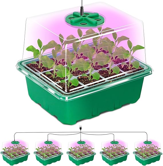 MIXC Seed Trays with Grow Light, 5 Pack Seed Trays with Lids, Propagators for Plants with Adjustable Lids and Clear Cell Tray, Propagator with 8 Full Spectrum Led Lamp Beads, For Indoor Plants, Green