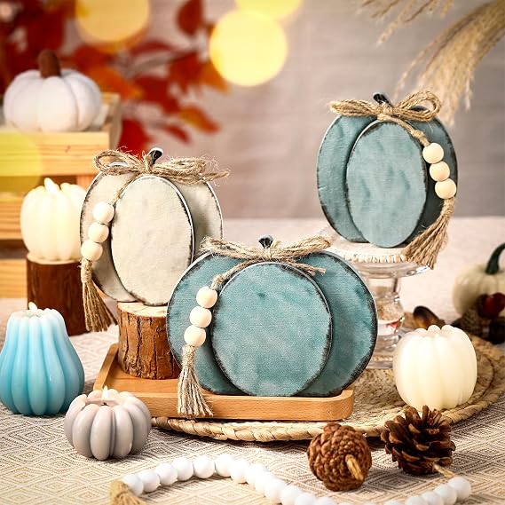 Cinnvoice 3 Pcs Fall Pumpkin Decor, Blue Rustic Pumpkin Tabletop Decor