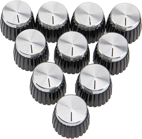 10Pcs Yootones Guitar Amp Amplifier Push on fit Knobs Black with Silver Aluminum Cap Top Compatible with Marshall Amplifiers with 6mm Diameter Pots