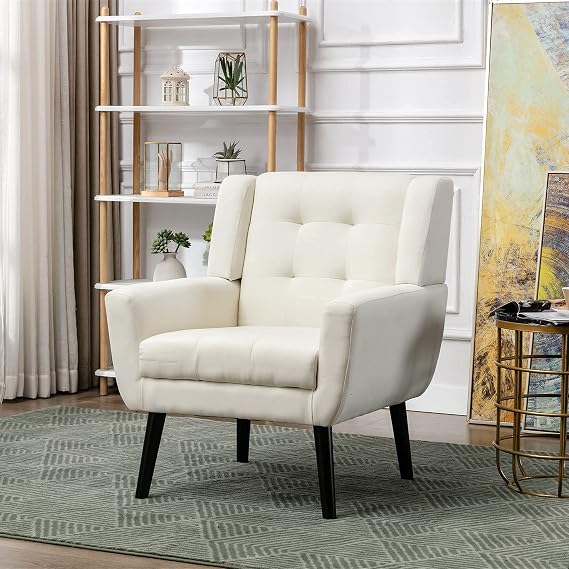 SSLine Linen Accent Arm Chair,Mid-Century Modern Upholstered Wingback Single Sofa Armchair Club Chair with Solid Wood Legs Thick Cushion for Bedroom,Reading,Living Room Chair (Beige)