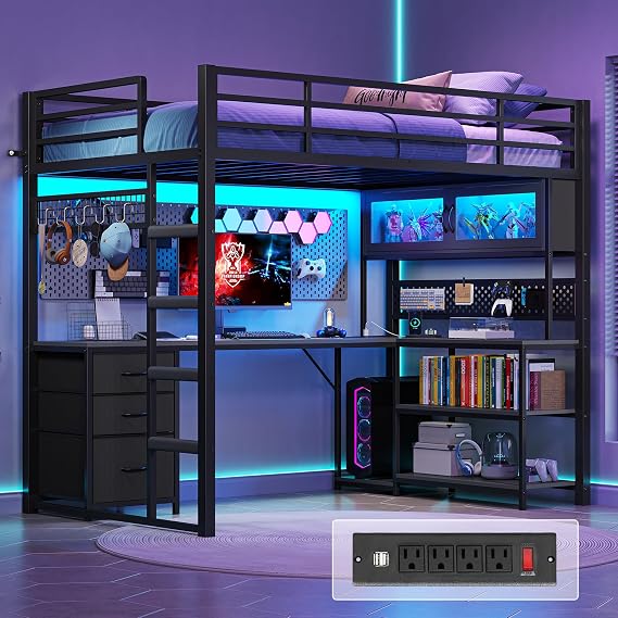 ADORNEVE Twin Size Loft Bed with Gaming Desk, RGB Hutch, Black