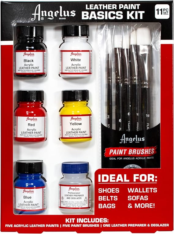 Angelus Acrylic Leather Paint Basics Kit, Contains 1 oz Bottles of Black, White, Red, Blue, Yellow and Preparer, Plus a 5-Piece Brush Set