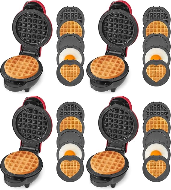 DASH Multimaker Mini System - Waffle Maker with Five 4 Removable Plates: Iron & Griddle, 3-in-1 Mini Waffle Maker for Kids and Families Nonstick Surface, Just Add Batter (Red) (Pack of 4)