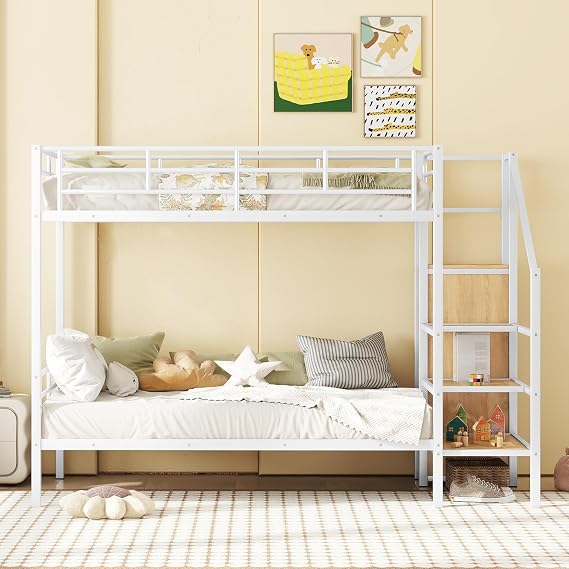Metal Twin Over Twin Size Bunk Beds, Heavy-Duty Twin Bunk Bed with Stairs and Wardrobe for Boys Girls Teens Bedroom Dormitory, White