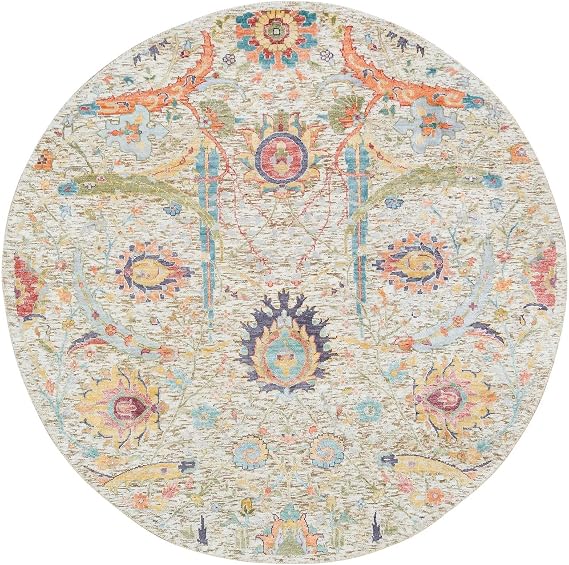 Tan Hand Knotted Dense Weave Sickle Leaf Design Soft and Lush Silk with Textured Wool Round Oriental Rug (5'2"x5'2")