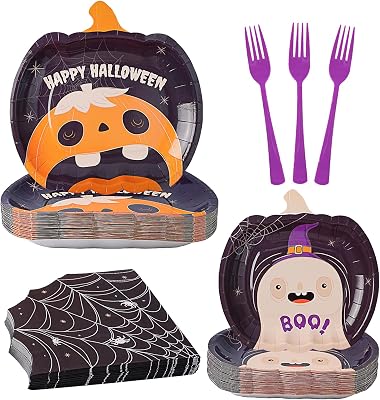 120PCS Halloween Plates and Napkins, Disposable Party Plates Serve 30 Guests, Pumpkin Shaped Ghost Spiderweb Design, Include Plastic Forks Tableware Set for Halloween Party Supplies