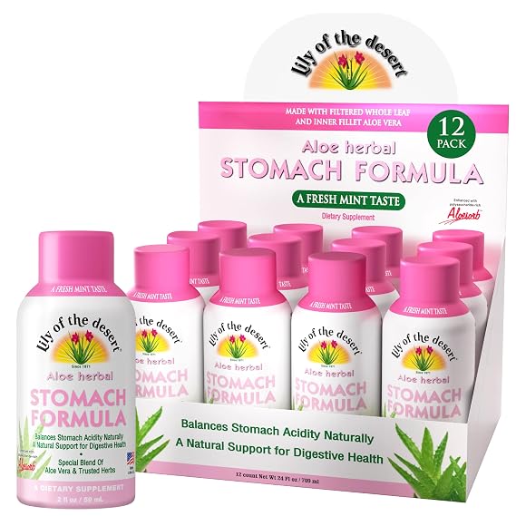 Lily of the Desert Stomach Formula Shot, Organic Aloe Vera Juice with FOS Prebiotic and a Proprietary Herbal Blend, 2 Oz Each, Pack of 12