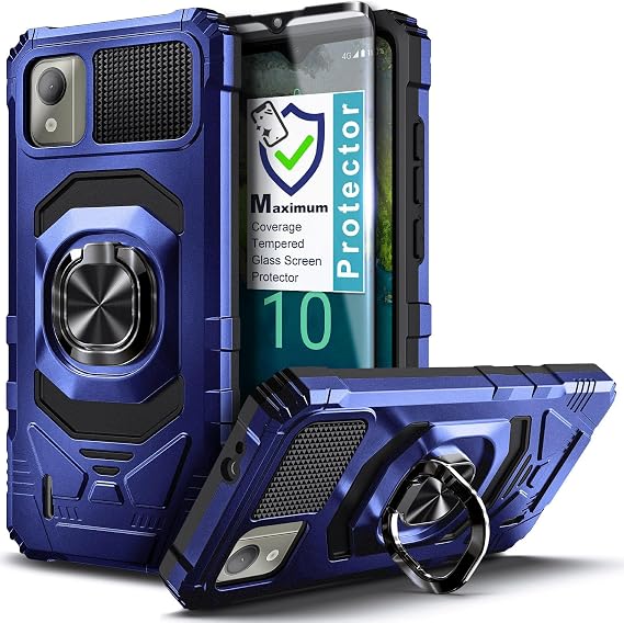 NZND Compatible with Nokia C110 Case with Tempered Glass Screen Protector (Maximum Coverage), Full-Body Protective Magnetic Car Ring Holder [Military-Grade] Cover Case (Blue)