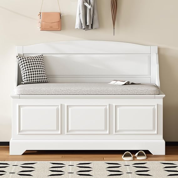 LUMISOL Shoe Storage Bench with Seating, 41.7 Farmhouse Entryway Bench with Cushion and Hidden Storage, Upholstered Storage Ottoman for Living Room, Entryway, Bedroom, White