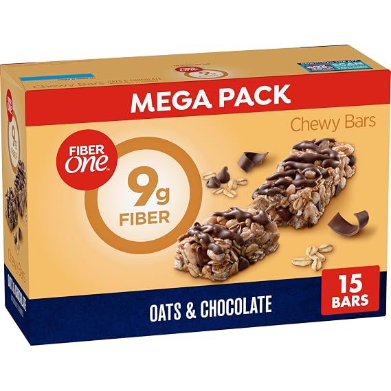 Fiber One Oats & Chocolate Chewy Bars, Fiber Snacks, 15 ct, 21.2 oz | Mega Pack, 32% Daily Value of Fiber per Bar, Glp-1 Friendly, Good Source of Calcium, Semisweet Chocolate Chips