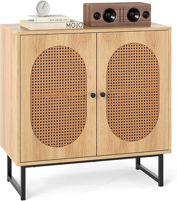 COSTWAY Rattan Storage Cabinet, 2 Door Buffet Sideboard with Adjustable Shelf & Metal Legs, Boho Wooden Bar Cabinet Cupboard Display Organiser for Kitchen Dining Living Room (Natural)