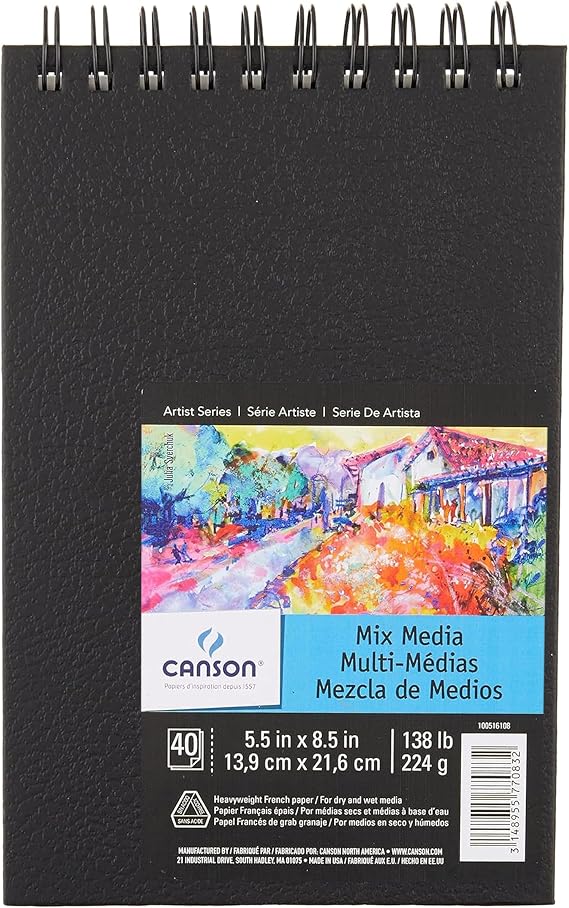 Canson Artist Series Mixed Media Paper, Wirebound Pad, 5.5x8.5 Inch, 40 Sheets (138lb/224g) - Artist Paper for Adults and Students - Watercolor, Gouache, Graphite, Ink, Pencil, Marker