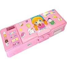 Multifunctional Folding Pencil Case for Girls Boys Cute Pen Organizer Cartoon Characters (Only Pink Has Lock), Pencil Sharpener, Timetable, Whiteboard, Pink 2, 9.6 x 3.5 x 1.4 inches, Case