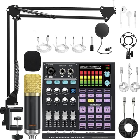 Podcast Equipment Bundle: SN800 Audio Mixer with XLR Mic, Auto Ducking, 16-Level DeNoise, 4000mAh Battery, for Streaming, Singing, Recording, Compatible with Phone/PC/Bluetooth/Instruments