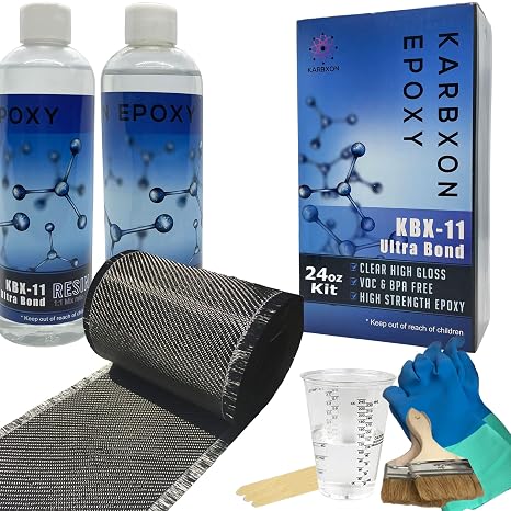 Carbon Fiber Repair KIT 4- Wide Twill Weave 3K Carbon Fabric Cloth - KARBXON Clear Epoxy Resin Restore Fix Cracks, Bikes, Boats, Walls, Concrete, Plastic & Metal EZ Follow Instructions