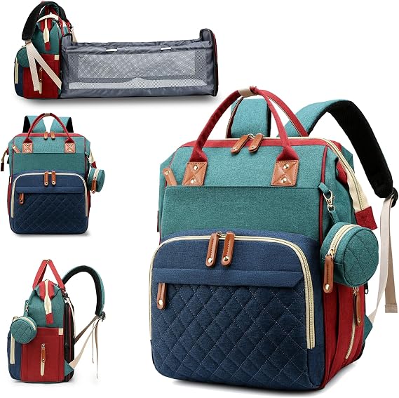 Diaper Bag with Changing Station, 3 in 1 Baby Diaper Backpack, Green-blue-red, 13" L x 8" W x 16.5" H, Diaper Bag Backpack