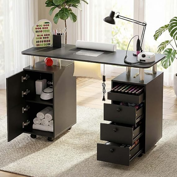 Nail Tech Table with Dust Collector & LED Light, Rolling Manicure Desk with Storage Drawers & Cabinets, Lockable Wheels, Acetone-Resistant Beauty Workstation for Salon, Home (Black)