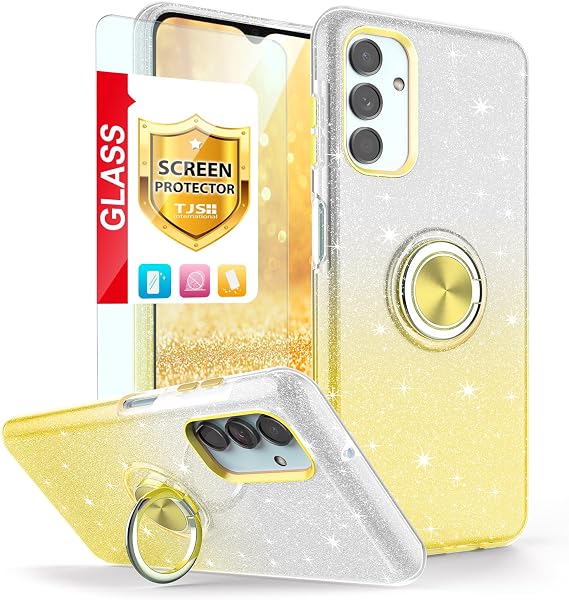 TJS Compatible for Samsung Galaxy A13 5G Case, Galaxy A04S Case, with Tempered Glass Screen Protector, Metal Ring Magnetic Support Kickstand Tone Shinny Glitter Girls Women Phone Case (Yellow)