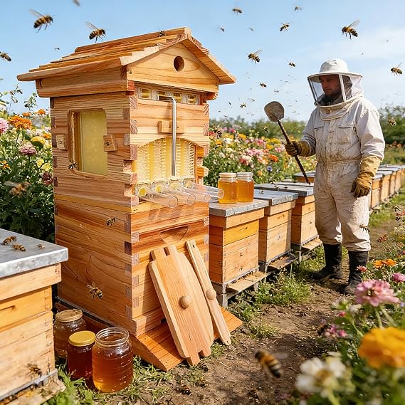Flow Hive Beehive,Pine Beehive Starter Kit,Beehive Beekeeping Equipment with 4 Flowing Beehive Frames/6 Brood Frames/Observation Window, for Backyard Beekeeping or Small-Scale apiaries