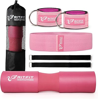 RitFit 7 Pcs Barbell Squat Pad Set, with Resistance Band, 2 Safety Straps, 2 Gym Ankle Straps & Carry Bag, Upgraded Neck & Shoulder Protective Pad Support for Squats, Lunges & Hip Thrust PinkBlack