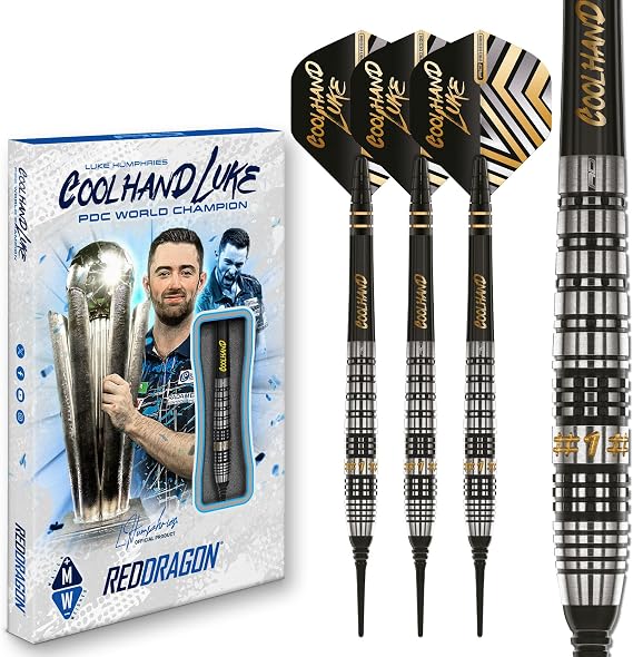 RED DRAGON Darts Professional PlayerLuke Humphries Coolhand Prestige Series- 90% Tungsten Darts Set with Dart Flights and Dart Shafts - Available in Soft Tip 18g Barrel and Steel Tip 22g, 23g & 24g