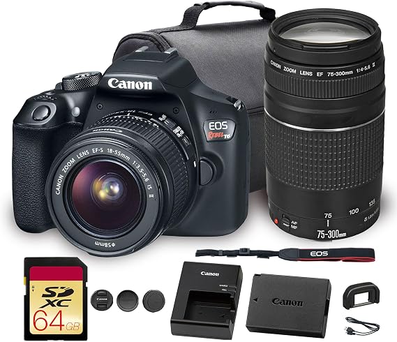 Canon EOS Rebel T6 DSLR Camera with 18-55mm Lens| 18MP APS-C CMOS Sensor, Built-In Wi-Fi & Full HD Video| Great for Travel & Everyday Photography (1159C003) + Canon EF 75-300mm f/4-5.6 III Lens + More