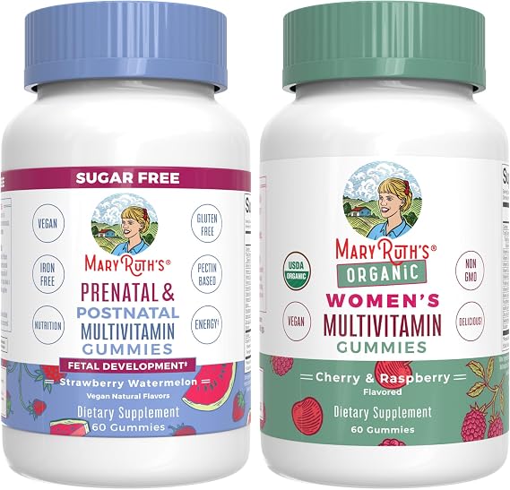 MARYRUTH'S Organics Prenatal Postnatal Multivitamin Gummies (Strawberry) & Women's (Cherry & Raspberry) | USDA Organic | Vitamins for Breastfeeding, Beauty, Immunity | Vegan, No Gelatin