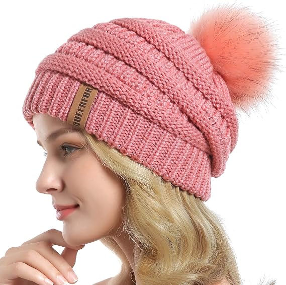 Women Knit Slouchy Beanie Chunky Baggy Hat with Faux Fur Pompom Winter Soft Warm Ski Cap