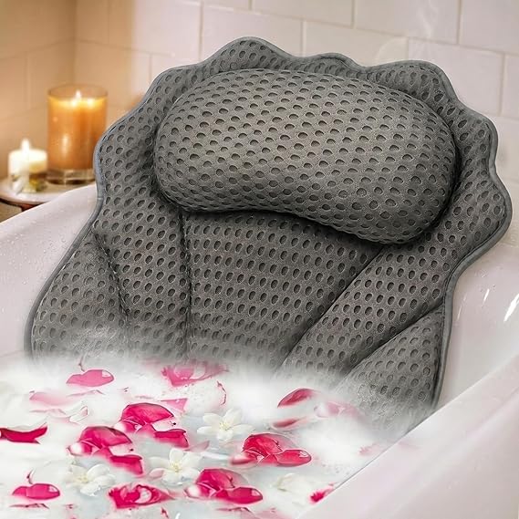 Bath Pillow RUVINCE Ergonomic Luxury bathtub pillow with head,Neck, Shoulder and back support, 4D bath pillows for tub with 6 Powerful Suction Cups, Fits all Bathtub (Grey)