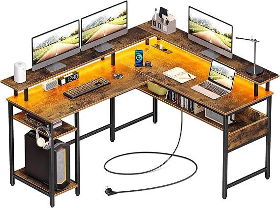 Rolanstar Gaming Desk L Shape with LED &amp; Sockets Gaming Table with Monitor Stand &amp; Storage Area Corner Desk with 2 Hooks Reversible Computer Desk Large for Office (Vintage 137 x 108 cm)