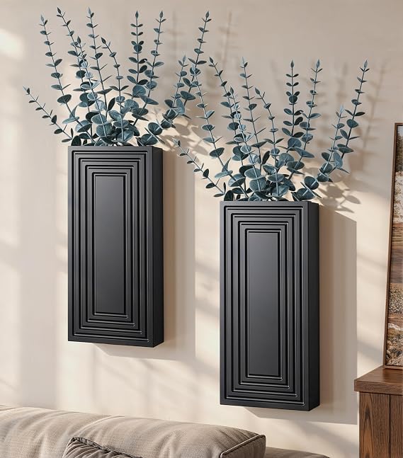 Wooden Wall Planter Vase, 2 Pack Black Wood Hanging Vases with Fake Eucalyptus for Indoor Modern Boho Farmhouse Wall Art Decor for Home Indoor Kitchen Modern Farmhouse Bathroom
