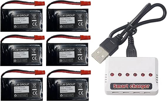 Sky Viper Drones Batteries Set of 6 Batteries 3.7V 750mAh and Smart Charger Works for Any Model